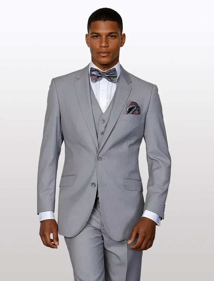 Men's solid grey modern fit vested suit, made from 100% wool, features a tailored jacket with a notch lapel, two front pockets, and matching trousers.