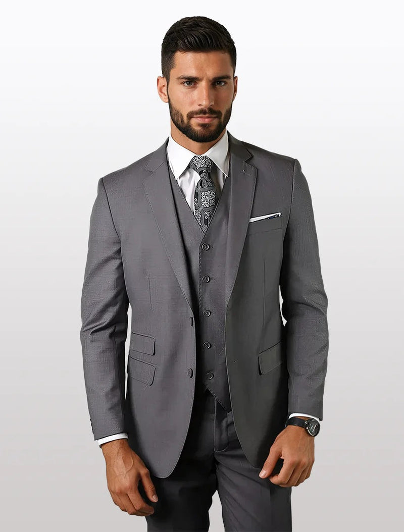 Men's solid grey tailored fit suit made of 100% wool, featuring a structured blazer with notch lapels, a three-button vest, and matching trousers. The fabric exhibits a subtle texture.
