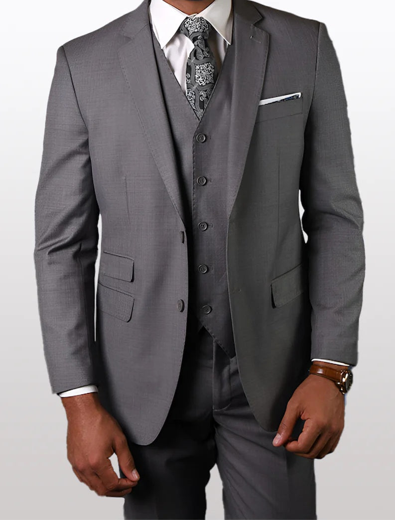 Men's solid grey tailored fit suit made of 100% wool features a single-breasted jacket with two front pockets and a vested design, complemented by matching trousers.