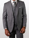 Men's solid grey tailored fit suit made of 100% wool features a single-breasted jacket with two front pockets and a vested design, complemented by matching trousers.