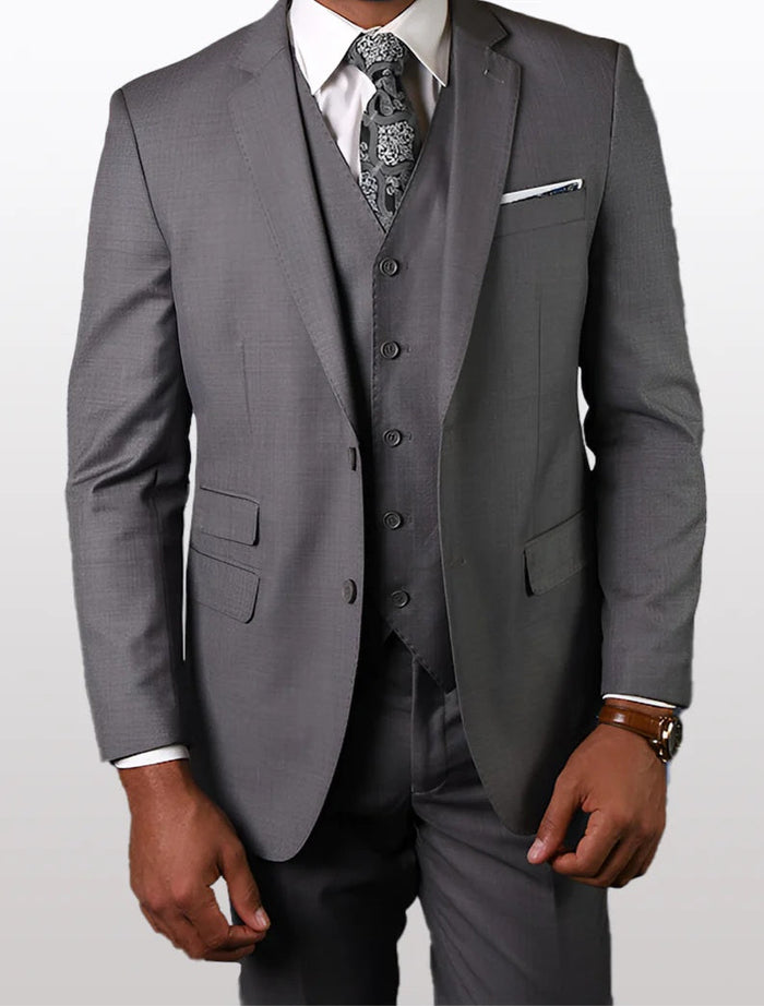 Men's solid grey tailored fit suit made of 100% wool features a single-breasted jacket with two front pockets and a vested design, complemented by matching trousers.
