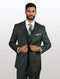 Mens solid hunter green 100% wool vested suit features a tailored fit. The suit includes a fitted jacket with a two-button closure, a single-breasted design, and matching vest.