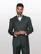 Mens solid hunter green wool blend vested suit tailored fit features a single-breasted jacket with notched lapels and a two-button closure. The vest is under the jacket, and the outfit includes matching pants.