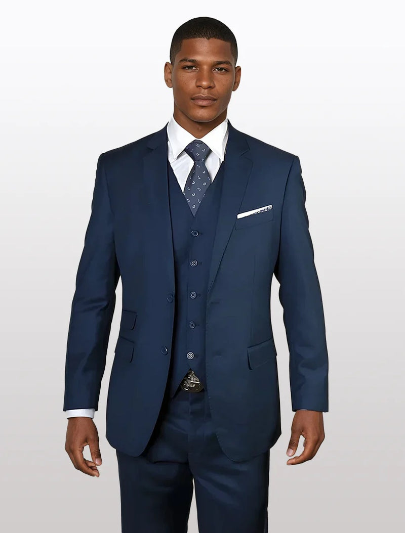 Statement Men’s Solid Sapphire 100% Wool Vested Suit, Formal Wedding Business 3 Piece Suit Set