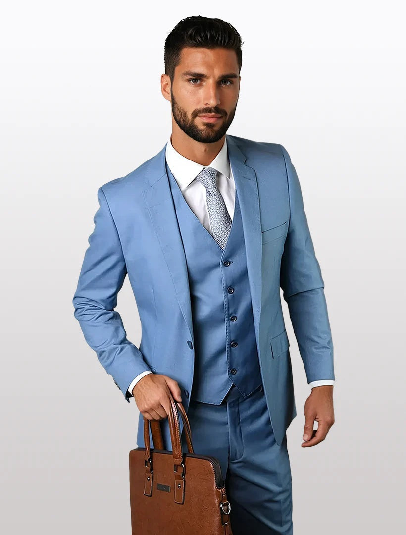 Statement Men's Solid Steel Blue Modern Fit 100% Wool Vested Suit ...