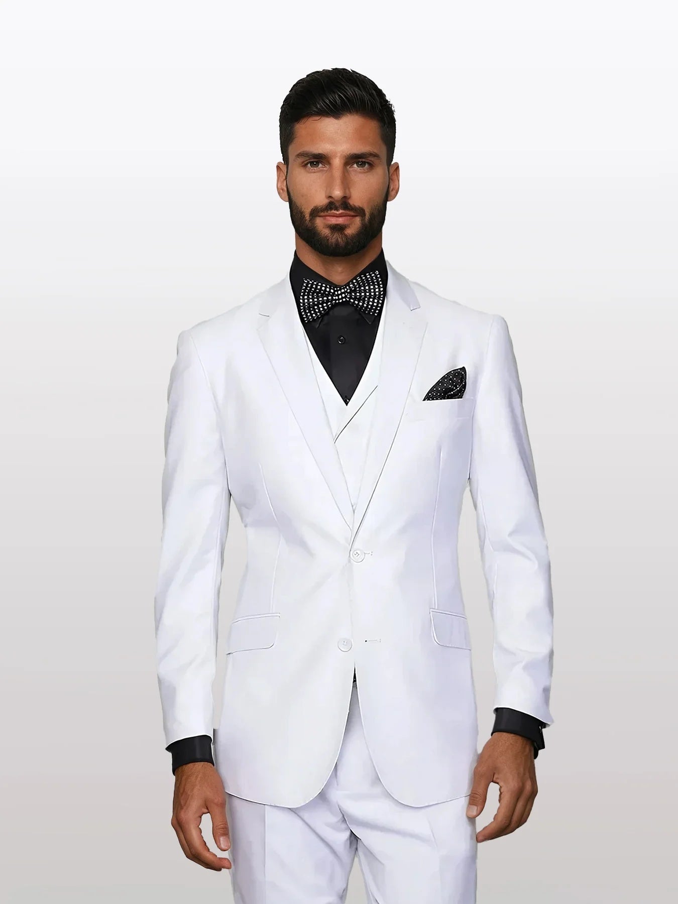 Men's solid white vested suit made of 100% wool features a fitted design with a single-breasted blazer, notched lapels, and two front pockets. The vest underneath complements the overall look.