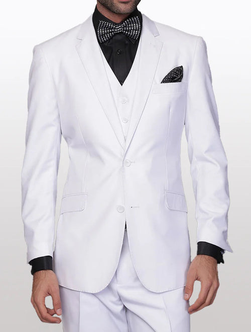 Men's solid white modern fit vested suit by Alberto Nardoni features a structured jacket with notch lapels, a matching vest, and slim-fit trousers. The fabric appears to be 100% wool, providing a smooth finish.
