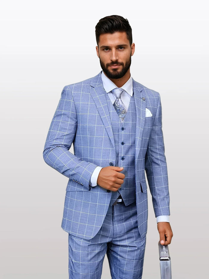 Men’s steel blue windowpane modern fit vested suit features a fitted jacket, matching vest, and trousers. The fabric displays a grid pattern in white and light green.
