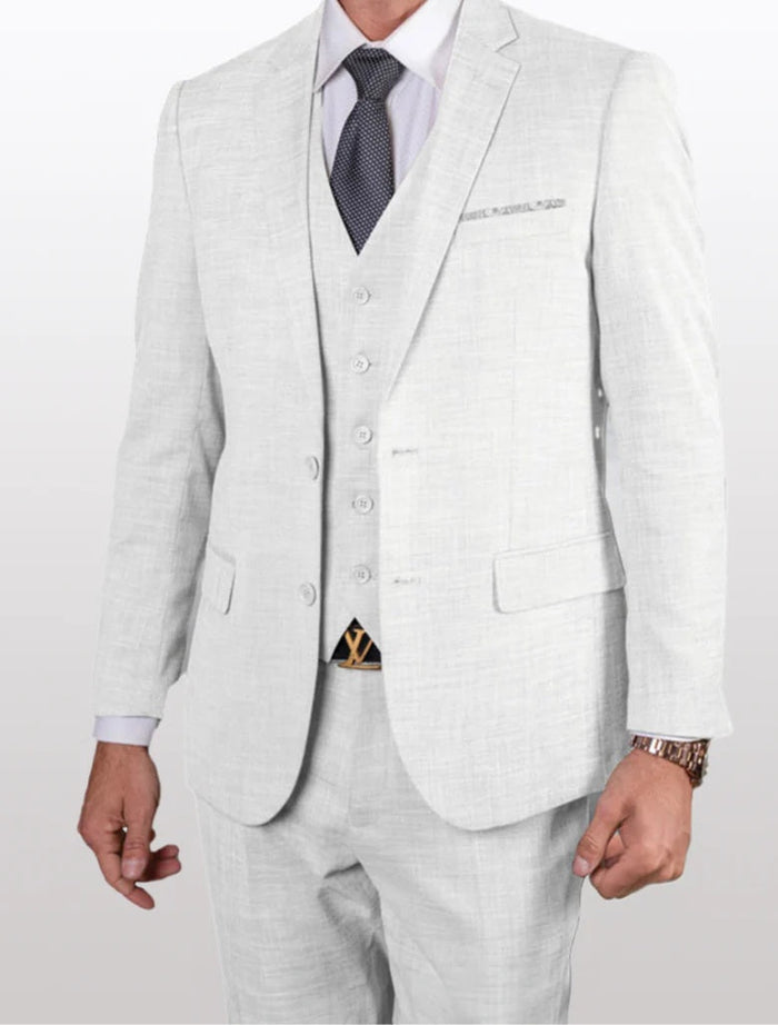 Men's white slim fit vested suit made of 100% wool features a textured fabric. The suit includes a single-breasted blazer with notch lapels and a three-button vest, complemented by flat front trousers.