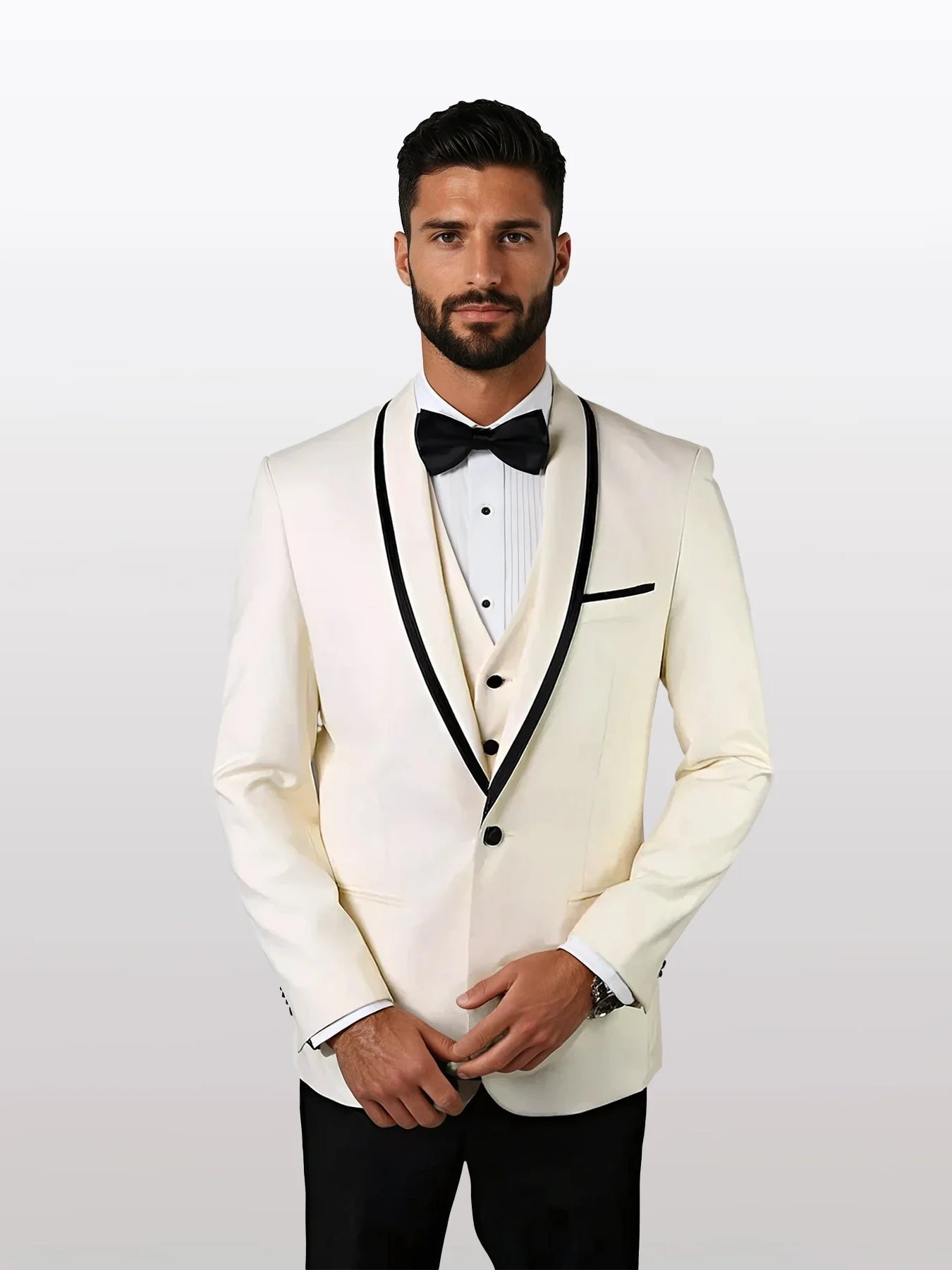 Mens white vested tuxedo with black trim features a fine lapel, made from 100% wool. The tuxedo includes a white shirt and bow tie, with black decorative elements.