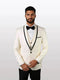 Mens white vested tuxedo with black trim features a fine lapel, made from 100% wool. The tuxedo includes a white shirt and bow tie, with black decorative elements.