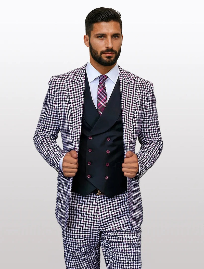 A men's vested suit in white and burgundy houndstooth pattern, made from 100% wool. The suit features a double-breasted vest with burgundy buttons and matching trousers.