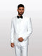 A men's white tuxedo featuring a white lapel, made from 100% wool, includes a vest and is styled with a bow tie. The ensemble presents a tailored fit and smooth texture.