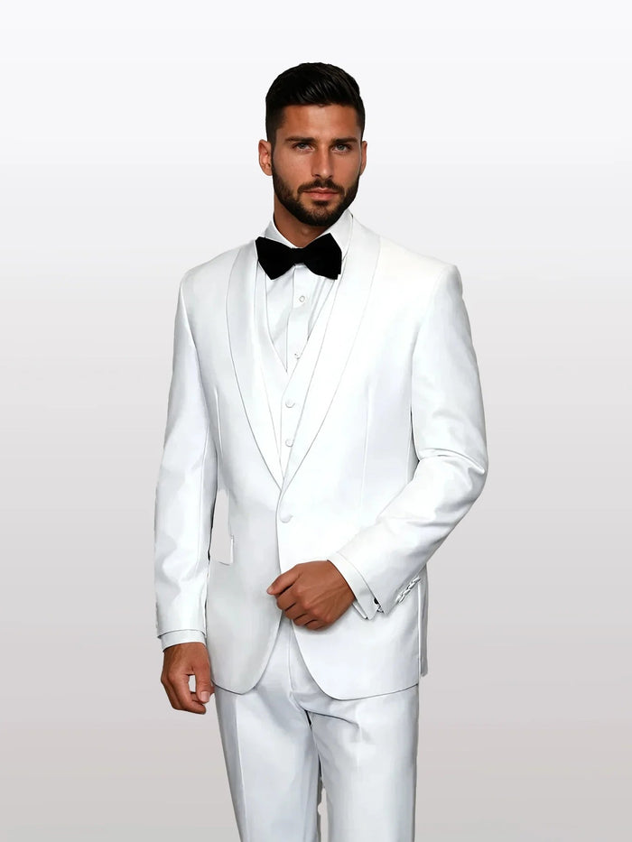 A men's white tuxedo featuring a white lapel, made from 100% wool, includes a vest and is styled with a bow tie. The ensemble presents a tailored fit and smooth texture.