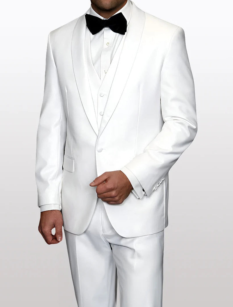 Men's white tuxedo featured in a 100% wool fabric, showcasing a white vest and trousers, and complemented by a white lapel and a black bow tie.