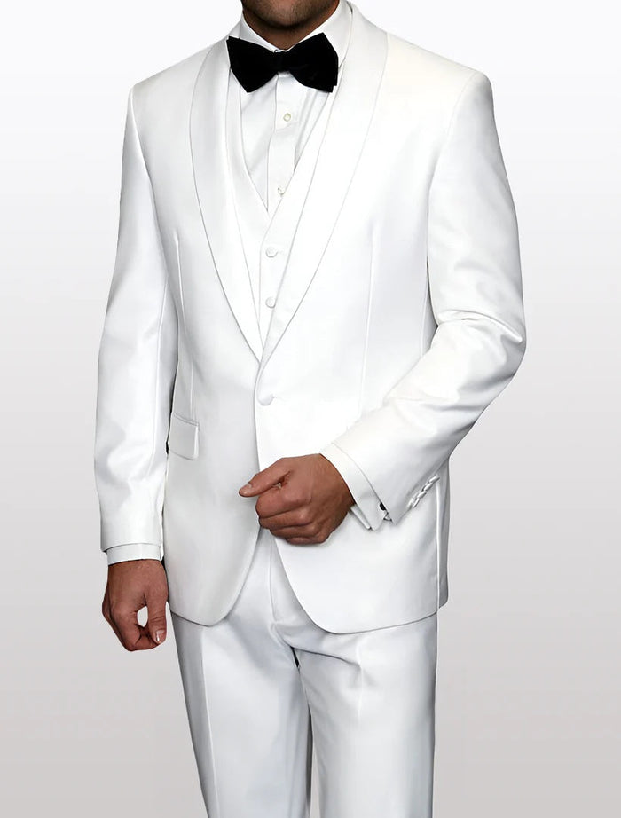 Men's white tuxedo featured in a 100% wool fabric, showcasing a white vest and trousers, and complemented by a white lapel and a black bow tie.