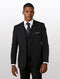 Mens black modern fit 100% wool vested suit features a tailored jacket with two buttons, notch lapels, and side pockets. The vest is also in black, matching the jacket.