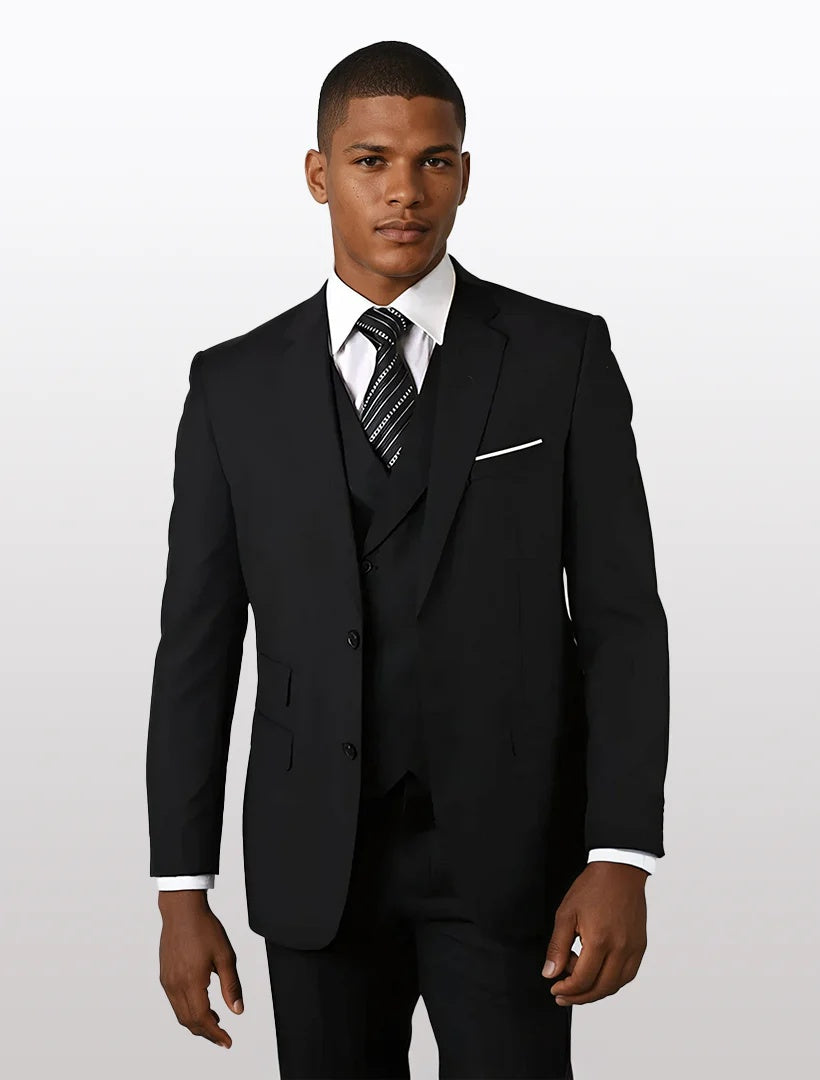 Mens black modern fit 100% wool vested suit features a tailored jacket with two buttons, notch lapels, and side pockets. The vest is also in black, matching the jacket.
