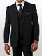 Men's black modern fit vested suit made from 100% wool features a single-breasted jacket with notch lapels, a pocket square, and matching vest. The suit has a sleek silhouette.