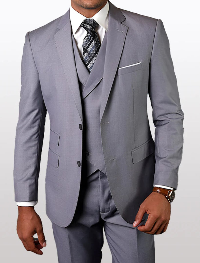 Men's grey modern fit suit made from 100% wool features a single-breasted blazer with notch lapels, a three-piece design including a vest, and flat-front trousers.