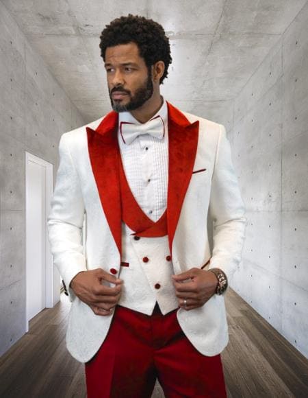 White and Red Tuxedo Statement Suits White ~ Red