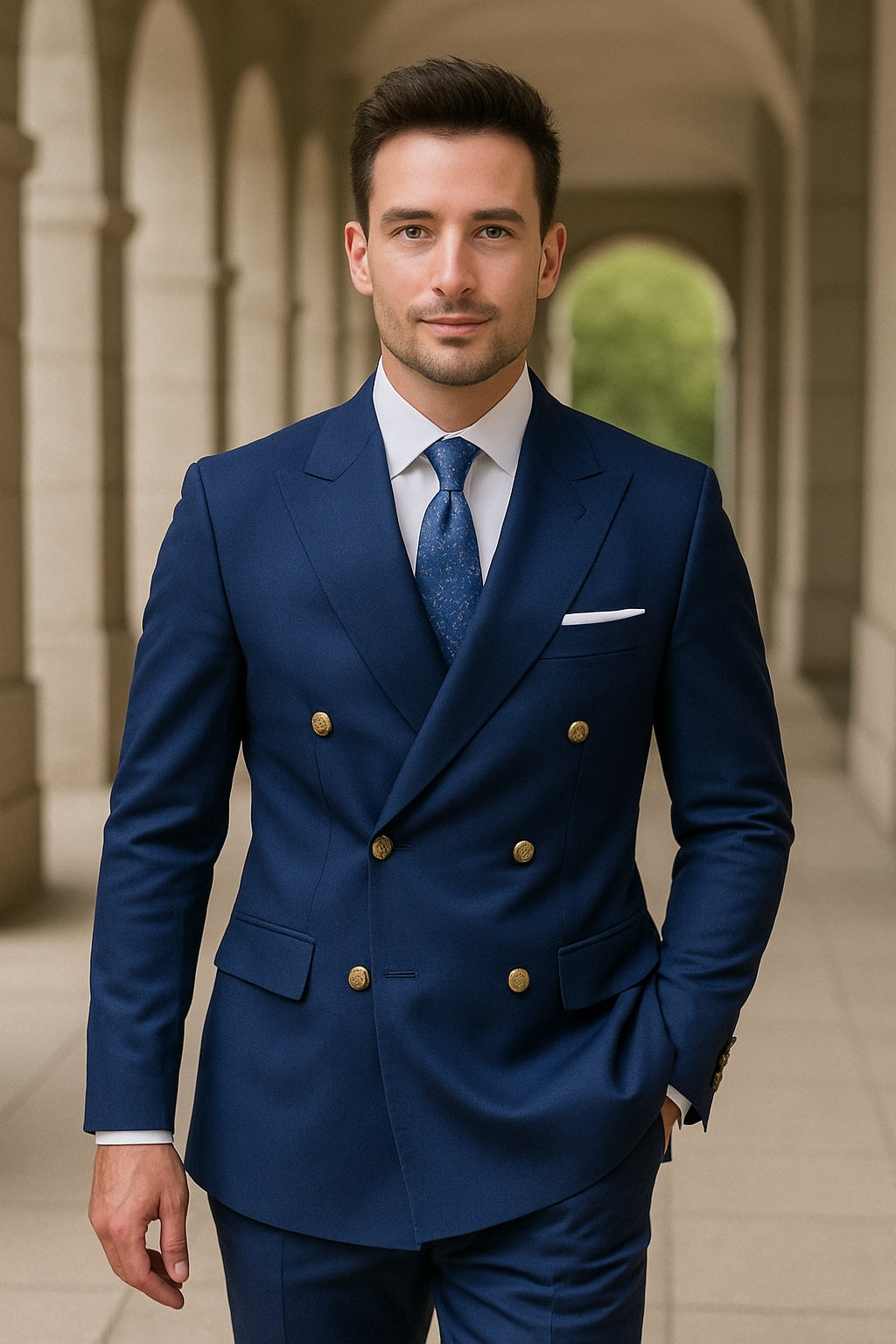 Tailored navy suit with gold buttons