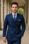 Tailored navy suit with gold buttons