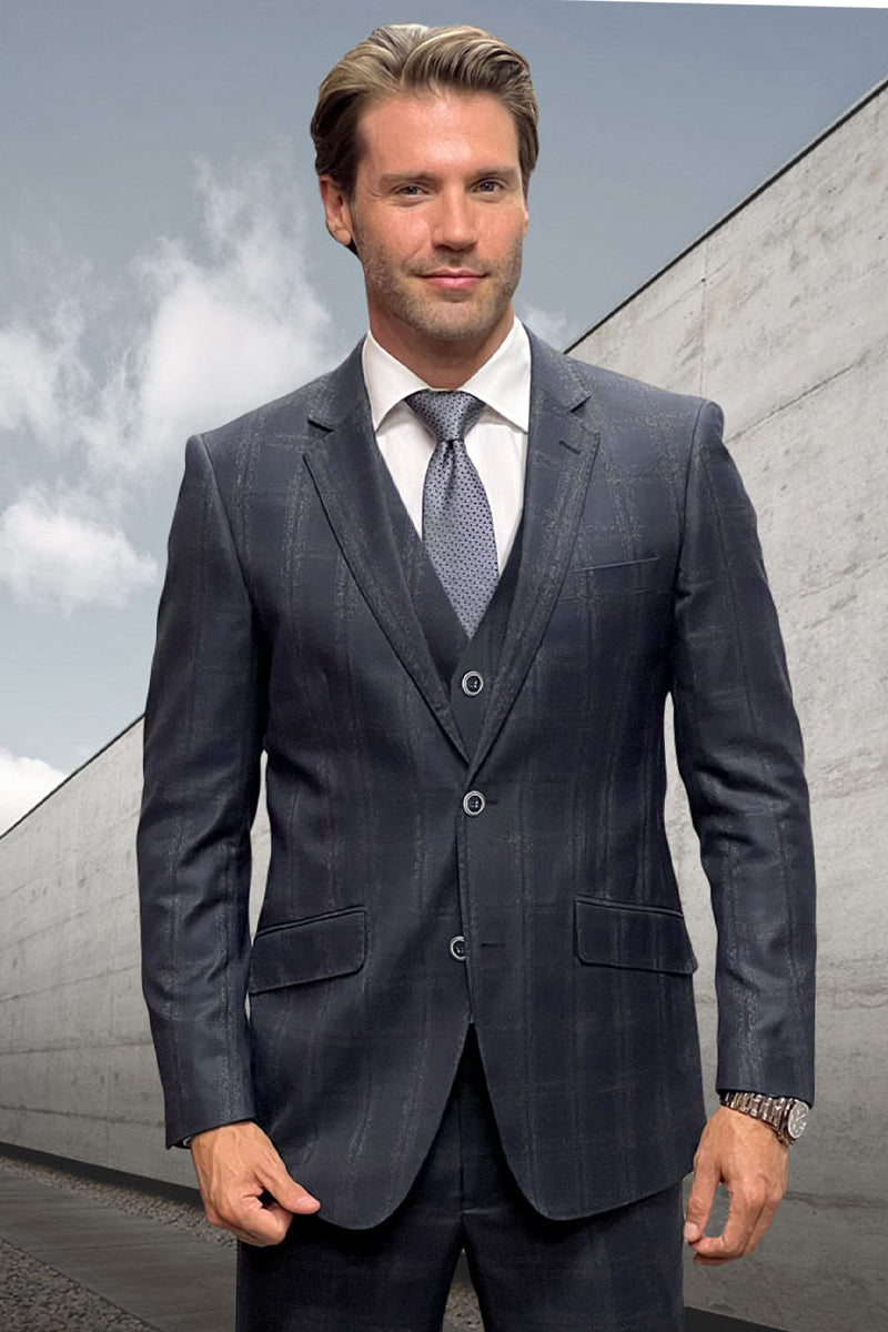 Black double windowpane plaid wool suit with tailored vest. Structured jacket, notched lapel, two front pockets, and two-button closure. Subtle plaid pattern contrasts with the vest. Formal style.
