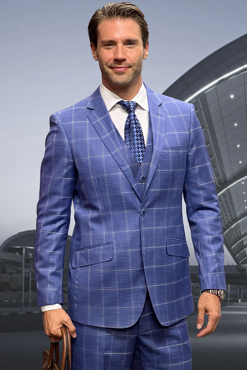Indigo blue men's designer suit: two-button, vested, wool windowpane. Structured silhouette, notched lapel, single vent. Wool blend. Windowpane pattern. Sophisticated indigo hues.
