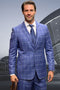 Indigo blue men's designer suit: two-button, vested, wool windowpane. Structured silhouette, notched lapel, single vent. Wool blend. Windowpane pattern. Sophisticated indigo hues.
