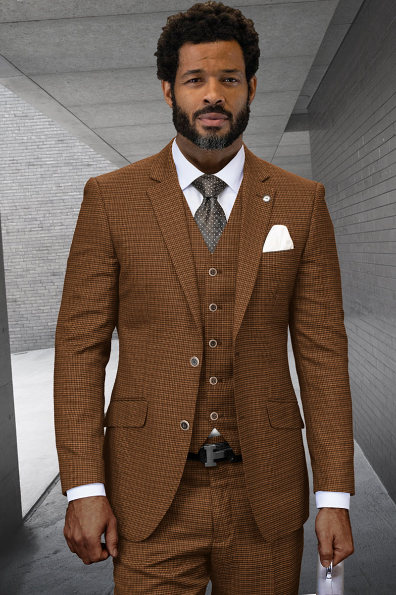 Men's modern fit wool suit in copper micro plaid. Includes a two-button jacket with notch lapels, matching vest, and straight-leg pants. Tailored design with side pockets and a cohesive aesthetic.
