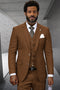 Men's modern fit wool suit in copper micro plaid. Includes a two-button jacket with notch lapels, matching vest, and straight-leg pants. Tailored design with side pockets and a cohesive aesthetic.
