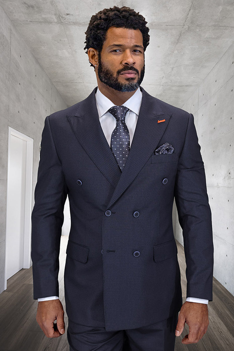 Men's black wool double-breasted suit. Micro plaid pattern, structured fit, notched lapels. Subtle dark/light thread weave. Designer quality.

