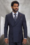 Men's black wool double-breasted suit. Micro plaid pattern, structured fit, notched lapels. Subtle dark/light thread weave. Designer quality.

