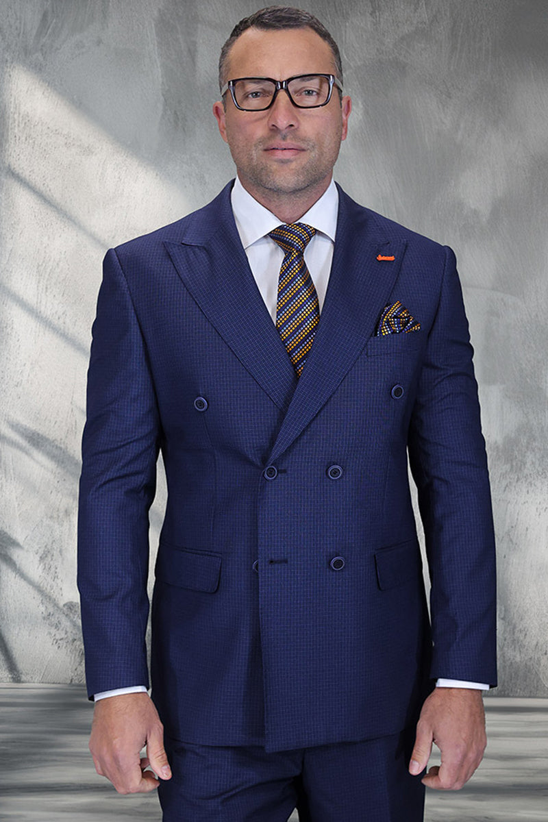 Indigo blue micro plaid men's double-breasted wool suit. Structured fit, notched lapels, subtle plaid pattern. Includes suit jacket and matching trousers.

