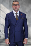 Men's Designer Double Breasted Wool Suit in indigo Blue Micro Plaid