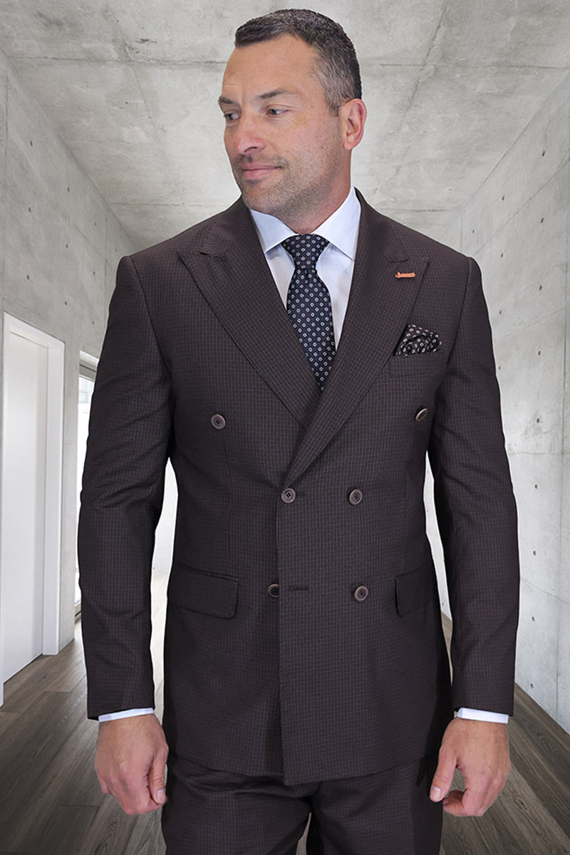 Brown micro-plaid, double-breasted wool suit. Tailored fit, structured shoulders. Jacket: two-row buttons, flap pockets. Matching trousers. Textured fabric enhancing the intricate plaid pattern.
