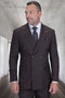 Brown micro-plaid, double-breasted wool suit. Tailored fit, structured shoulders. Jacket: two-row buttons, flap pockets. Matching trousers. Textured fabric enhancing the intricate plaid pattern.
