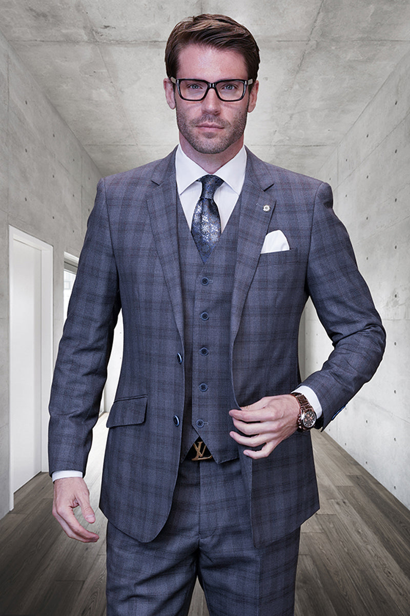 Modern fit men's grey glen plaid wool suit. Three-piece design: tailored jacket, vest, & pants. Classic check pattern. Structured silhouette with notched lapel & button closures. Refined appearance.
