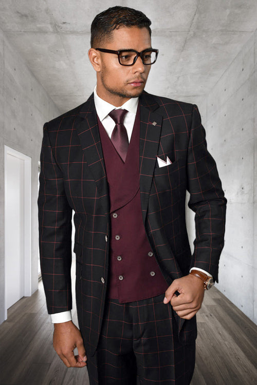 Men's designer suit: black & burgundy windowpane plaid, wool/cashmere. Two-button jacket, matching double-breasted vest. White shirt & pocket square accents.
