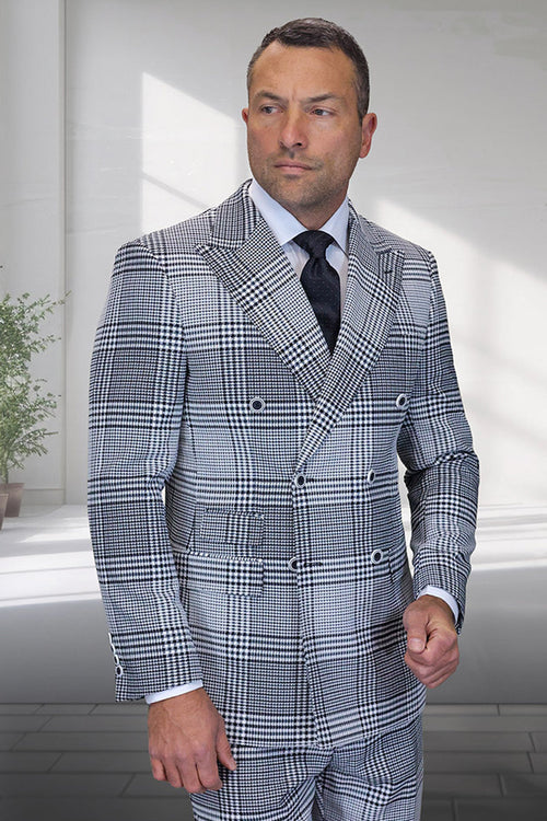 Men's designer wool double-breasted suit in natural grey houndstooth glen plaid. Structured form, peak lapels. Wool blend (grey/black), houndstooth pattern. Six-button closure, two visible. Front pockets, tailored sleeves with cuff buttons.
