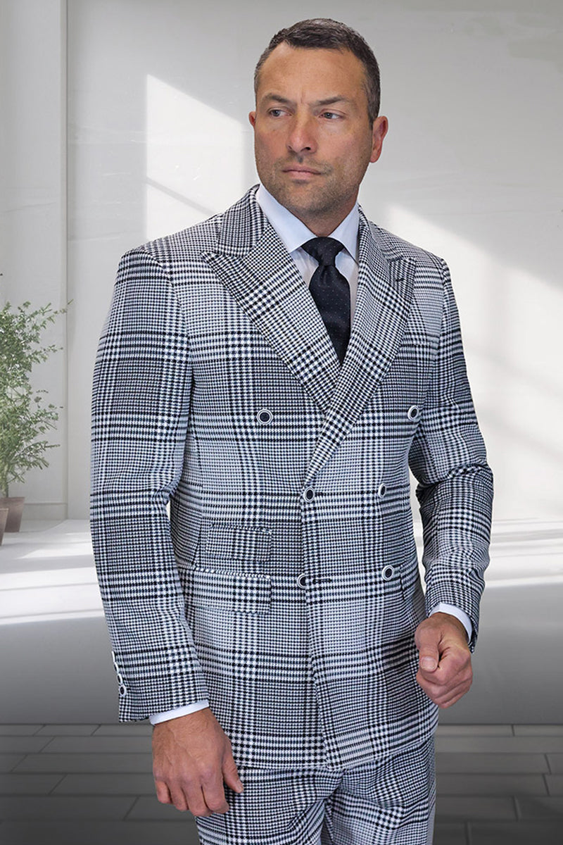 Men's designer wool double-breasted suit in natural grey houndstooth glen plaid. Structured form, peak lapels. Wool blend (grey/black), houndstooth pattern. Six-button closure, two visible. Front pockets, tailored sleeves with cuff buttons.
