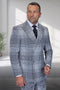 Men's designer wool double-breasted suit in natural grey houndstooth glen plaid. Structured form, peak lapels. Wool blend (grey/black), houndstooth pattern. Six-button closure, two visible. Front pockets, tailored sleeves with cuff buttons.
