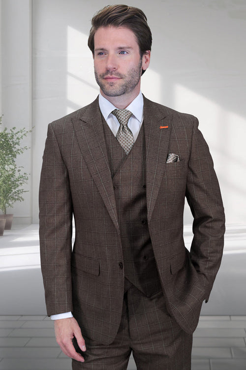 Men's brown windowpane plaid wool suit with a fitted structure, one-button closure, and peak lapels. Includes a vest, two front pockets, and a visible handkerchief. The textured wool fabric adds a formal touch.
