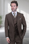 Men's Designer Vested One Button Peak Lapel Wool Suit in Brown Windowpane Plaid