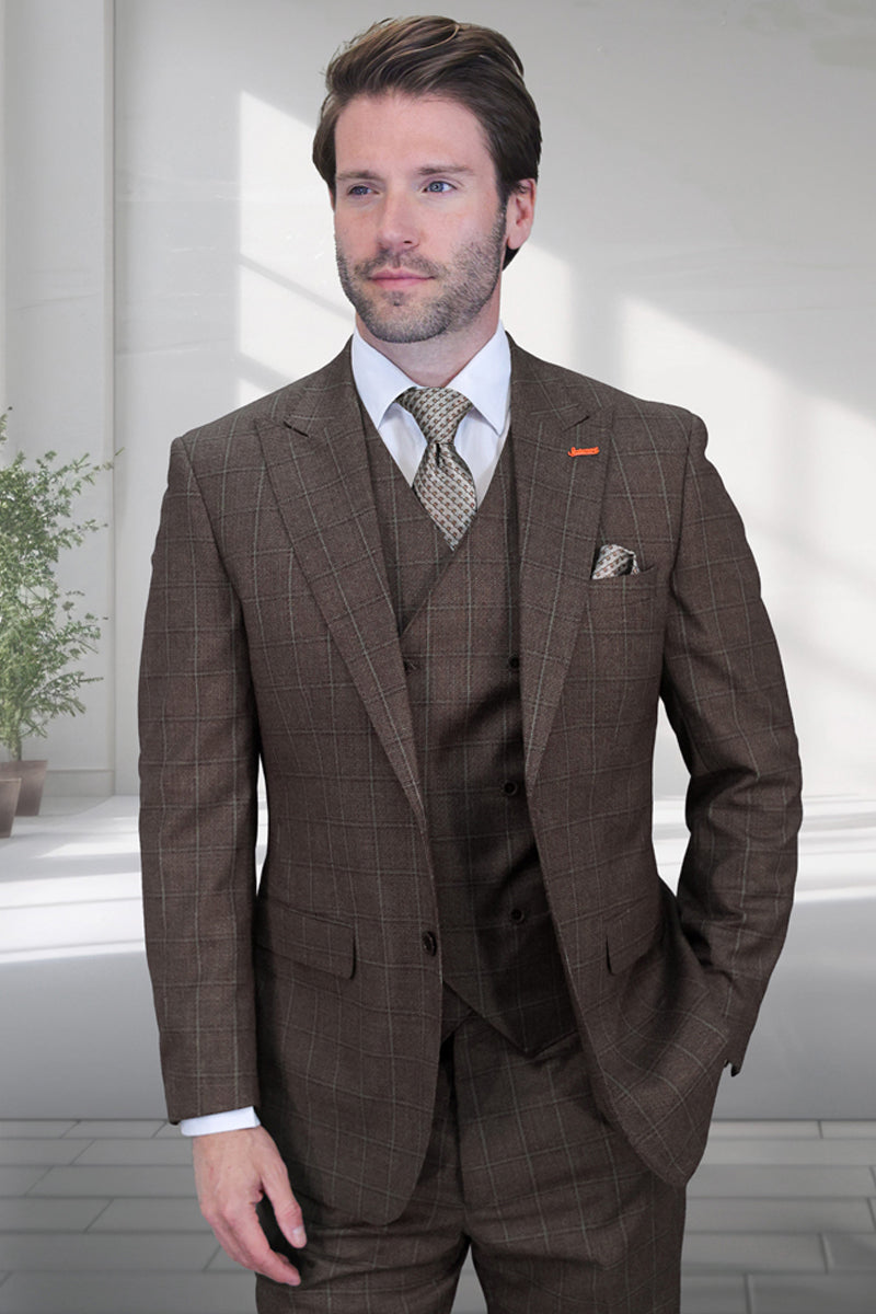 Men's Designer Vested One Button Peak Lapel Wool Suit in Brown Windowpane Plaid