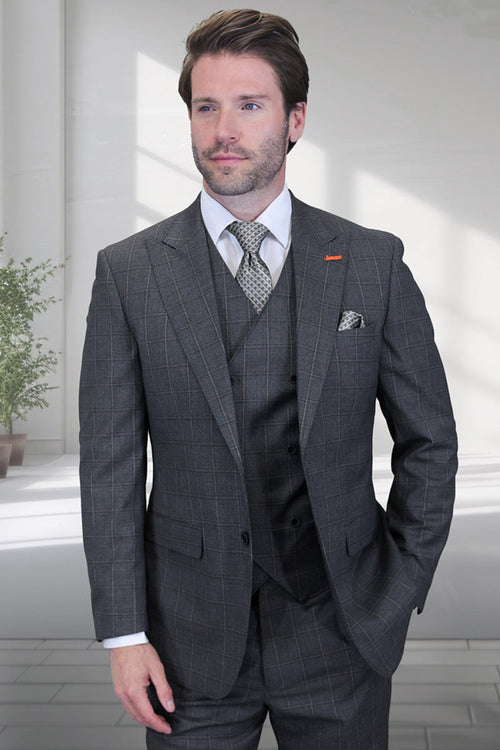 Charcoal windowpane plaid wool suit with a vest. Features a structured, fitted shape, peak lapels, and one-button closure. Two front pockets.
