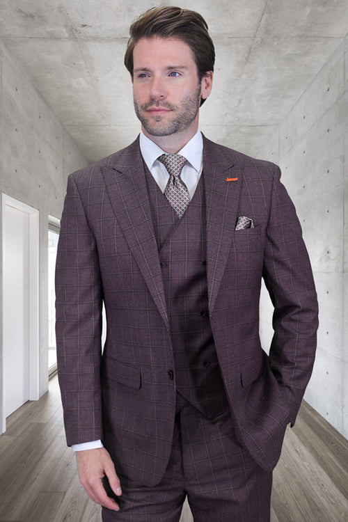 Men's designer wool suit. Eggplant windowpane plaid, peak lapel, one-button. Fitted silhouette. Includes matching vest. Smooth finish.
