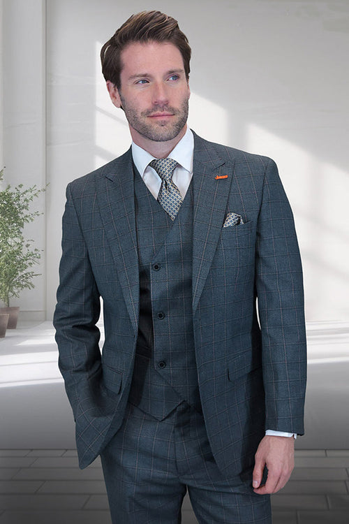 Men's olive wool suit with a windowpane plaid pattern. Includes a one-button peak lapel jacket and matching vest. Structured cut, suitable for formal occasions.
