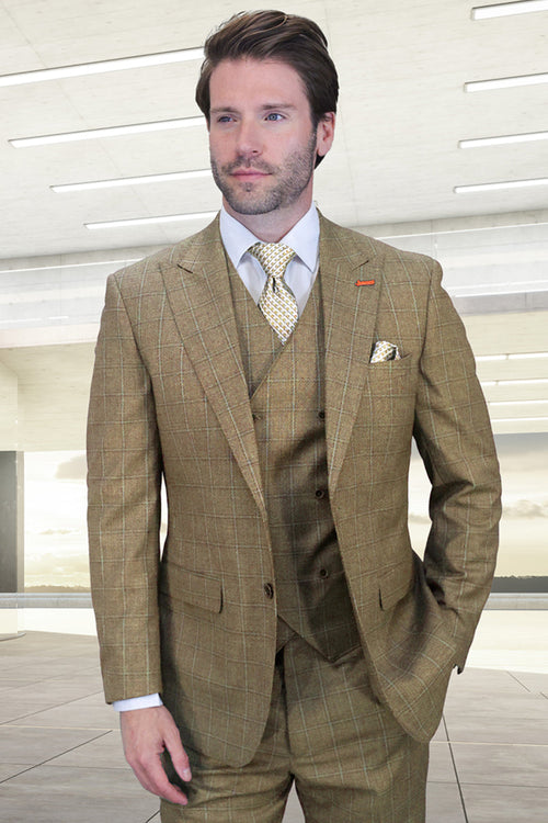 Men's designer suit: tan windowpane plaid, textured wool. One-button jacket, matching vest. Peak lapel, structured fit, modern silhouette.
